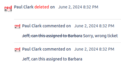 Jira comment history showing original, edited and deleted versions with author names and timestamps