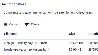 Document Vault in Jira showing restricted comments and attachments for authorised users