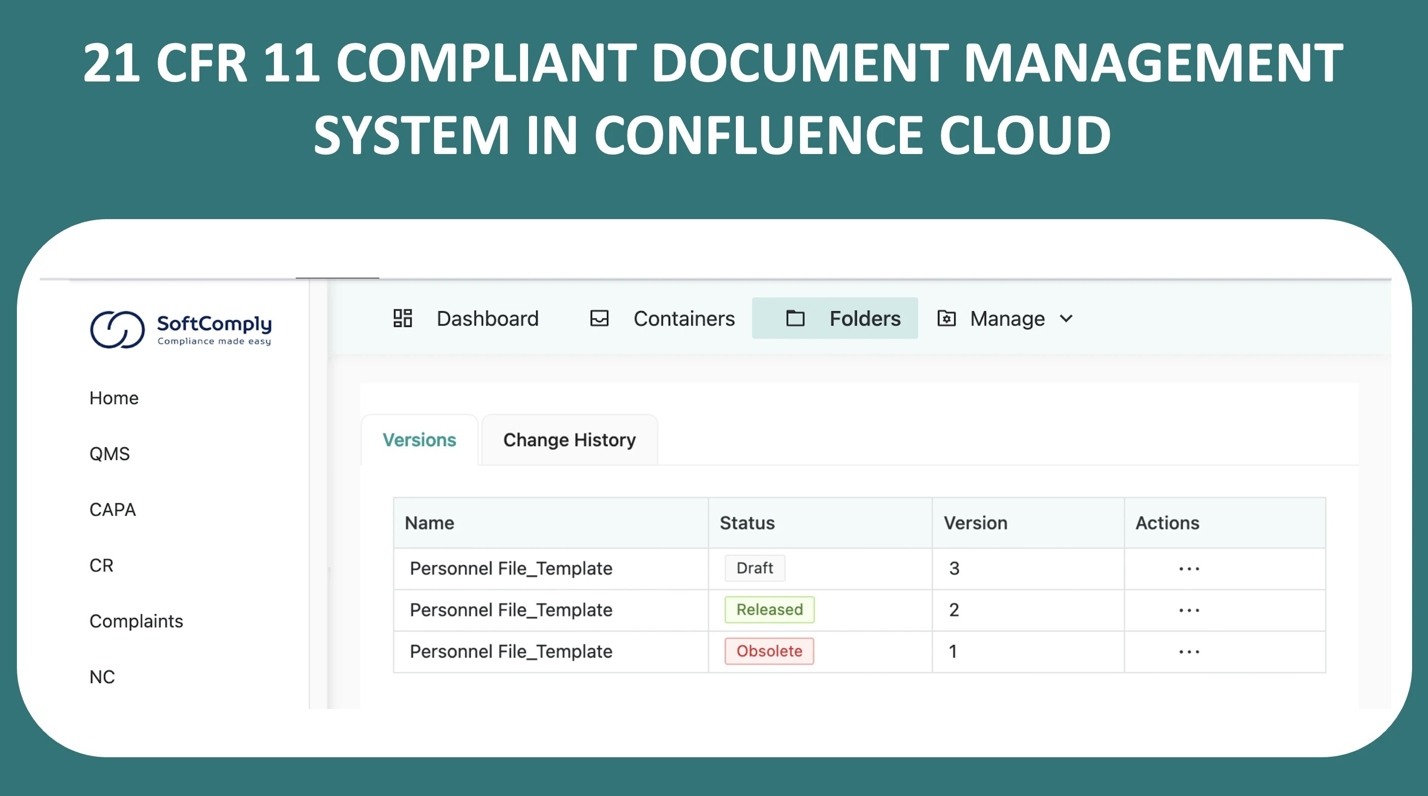 SoftComply Document Manager in Confluence showing document versions and draft, released and obsolete statuses