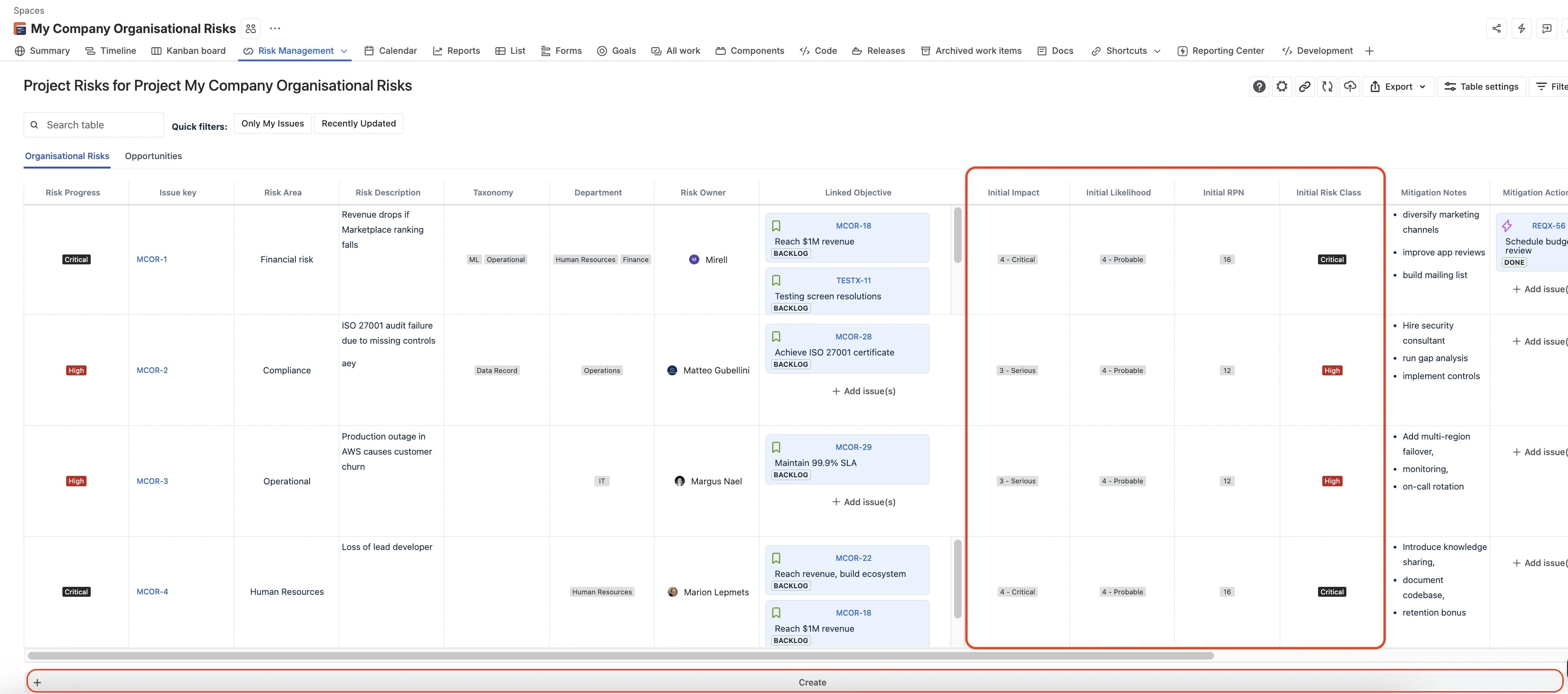 SoftComply Risk Manager Plus in Jira showing a risk register with impact, likelihood and risk classifications